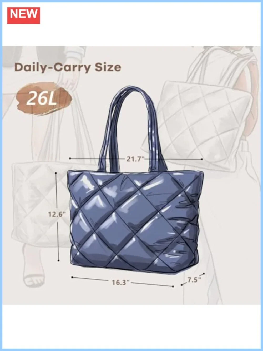 Women's 26L Quilted Puffer Tote Bag with Laptop Compartment and RFID Blocking